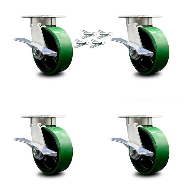 6 Inch Kingpinless Green Poly on Steel Wheel Caster Set Brake and Swivel Lock
